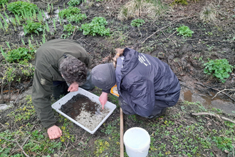 Two people crouch down and look at a tray containing water and silt. They are near a stream in a wild setting.