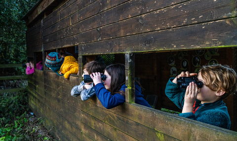 A group of children in brightly coloured clothing look out of a bird hide with binoculars 