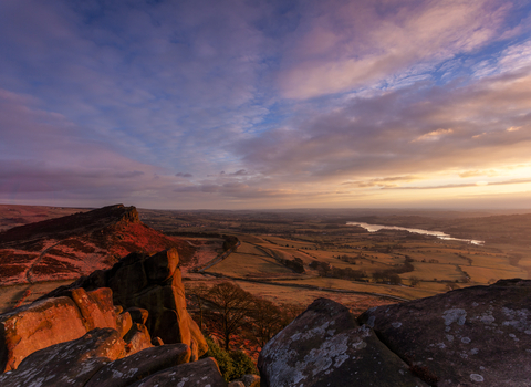 Hen Cloud and Tittesworth Reservoir from the Roaches at sunset