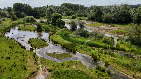 Photograph showing a sunny site with water in pools and inlets, surrounded by green trees and grassland