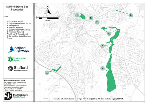 A map of 8 sites in Stafford including: Kingsmead Marsh Local Nature Reserve, Kingston Pool Covert South, Radford Meadows Nature Reserve, Rising Brook, Corporation Street, Littleworth Tennis Courts, Riverside Local Nature Reserve, The Meadows (Queensville)