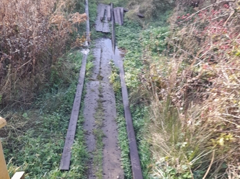 A broken old wooden board walk sinks into the ground