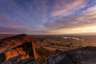 Hen Cloud and Tittesworth Reservoir from the Roaches at sunset