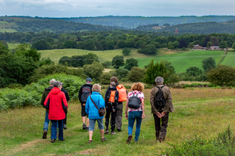 A group of people walk in a rural green area with woodland in the distance