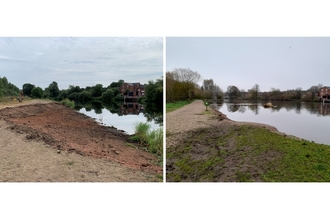 A before and after picture of a river profiling where pools have been modified to hold more water.