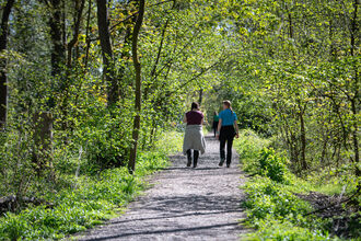 Two women walk through a lush green woodland on a surfaced track