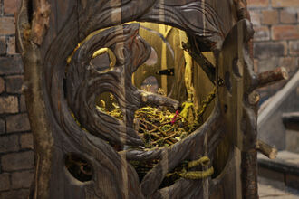 A peek inside a cabinet fashioned to look like drift wood