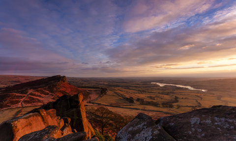 Hen Cloud and Tittesworth Reservoir from the Roaches at sunset