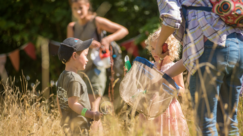 Two young children in a meadow with long grass hunting for bugs with a net and a woman holding it