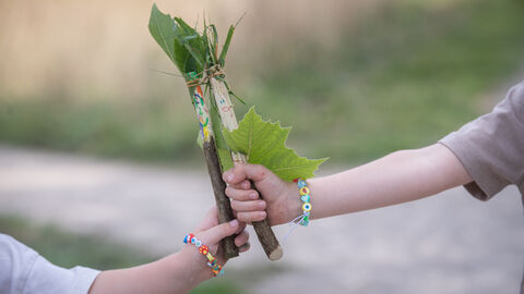 Two wands made from tree sticks and leaves held together by two children (out of shot)