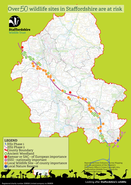 A green background with a map of Staffordshire showing the route HS2 will take through the county