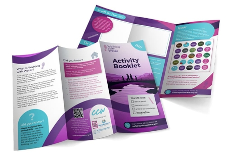 A colourful purple, pink and blue booklet with activity booklet on the front