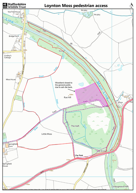 A map showing the Loynton Moss nature reserve with an area of shaded no access in a woodland at the top of the reserve