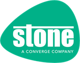 A bright green stone shape with white text within that reads stone a converge company