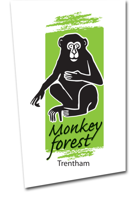 A green background with a dark brown/black graphic of a monkey and text reads Monkey Forest Trentham