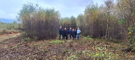A group of volunteers stand among a cleared area of scrub