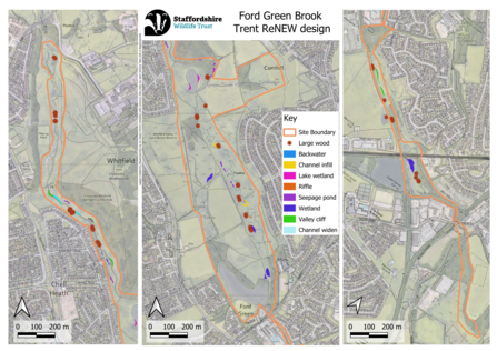 A set of maps with areas outlined in orange to denote project boundaries.