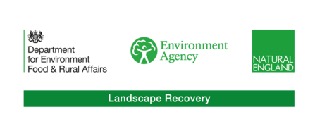 A logo with three elements - the DEFRA logo, Environment Agency logo and Natural England logo with a green strip underneath that reads Landscape Recovery