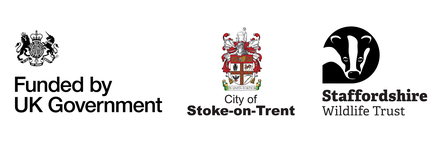 Three logos sit side by side - on the left the text reads Funded by UK Government, in the middle City of Stoke-on-Trent and on the right Staffordshire Wildlife Trust