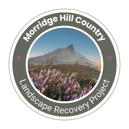 A logo with a grey circular outer ring with white text that reads Morridge Hill Country and Landscape Recovery Project. In the centre there is a an image of a grey craggy peak jutting into a blue sky.