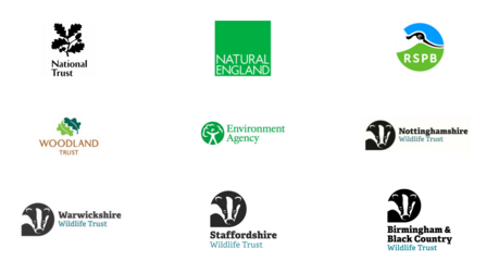 Logos for National Trust, Natural England, RSPB, Woodland Trust, Environment Agency, Nottinghamshire Wildlife Trust, Warwickshire Wildlife Trust, Staffordshire Wildlife Trust and Birmingham and Black Country Wildlife Trust.