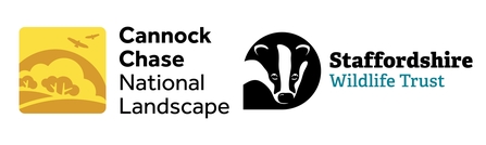 Two logos sit side-by-side. On the left is the logo for Cannock Chase National Landscape which features a yellow and brown/orange landscape graphic with trees and birds overhead. On the right is the logo for Staffordshire Wildlife Trust which features a black circular graphic with white cut outs creating the face of a badger.