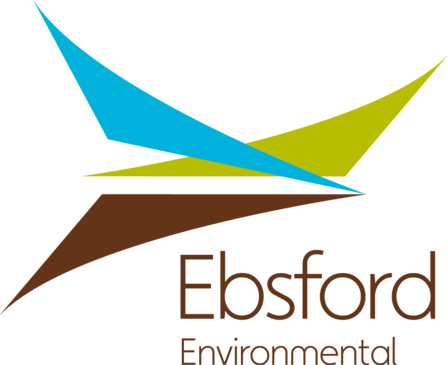 A logo for Ebsford Environmental. It shows three swooped triangles, one in blue, over a green and brown one. The text is san serif and brown.