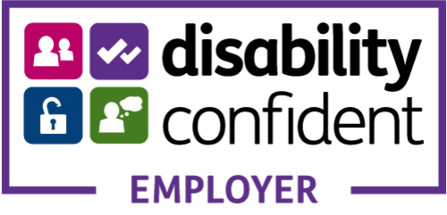 A logo for "disability confident employer" it has a purple frame, and four small icons. One showing people, one showing tick marks, one showing an open pad lock, and one of a person thinking a thought bubble.