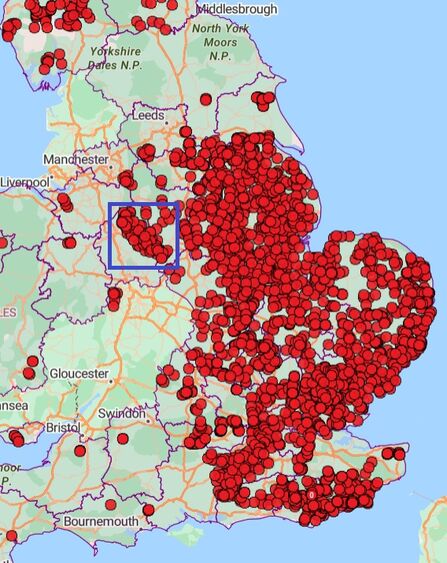 A map of the UK showing a lot of red dots covering the whole each of the country, with some scattered in the midlands and the west and north