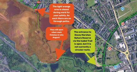 A map outlining closure points on Doxey Marshes. Text shows entry point from Isabel Trail.