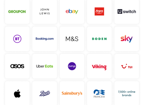 A table of logos on white backgrounds including groupon, John Lewis, eBay, Argos, Uswitch, BT, ASOS, M&S and many others