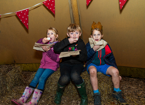 Three children with blonde hair eat birthday cake while sitting on a bale of straw. One wears a crown hat made of leaves. They all wear wellies and outdoor clothing. Bunting is strung up overhead.
