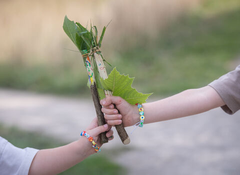 Two wands made from tree sticks and leaves held together by two children (out of shot)