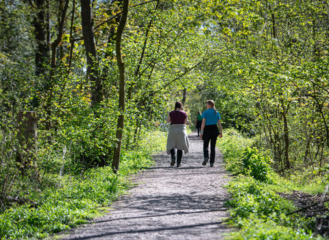 Two women walk through a lush green woodland on a surfaced track