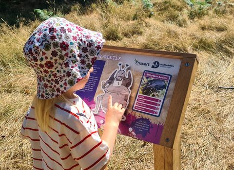 A young girl stands in front of a colourful display panel